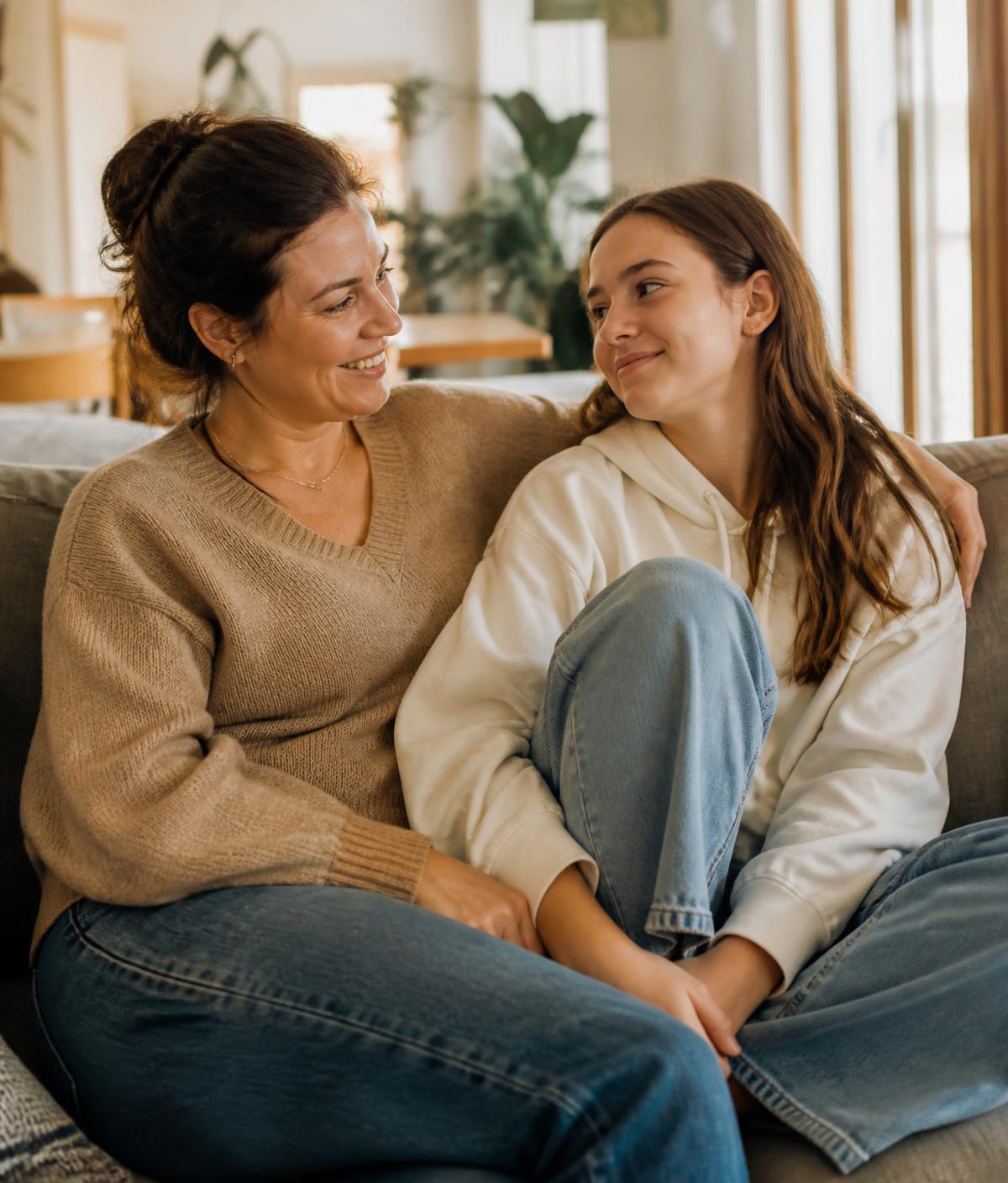 A parent and teenager sitting together and talking in a sunlit room