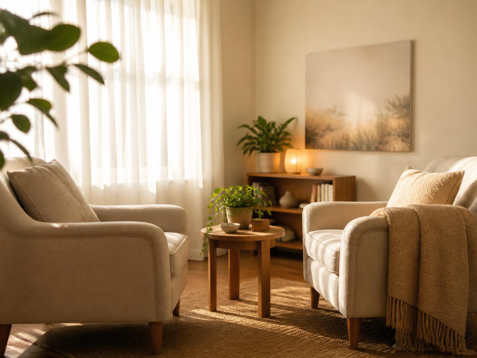 A calm, sunlit consultation room with soft armchairs and plants